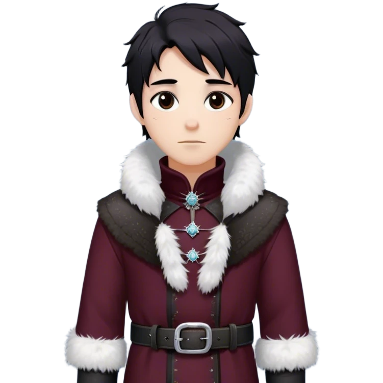 Medieval winter outfit worn by a DnD themed fantasy male character. Heavy maroon wool tunic with rabbit fur trim, featuring a high collar with silver clasps, belted with a sturdy leather strap. Clothes only above the waist, full waist coverage. The character has no arms. Character is white-skinned with raven black hair, deep brown eyes, and short messy hair dusted with snowflakes. emoji