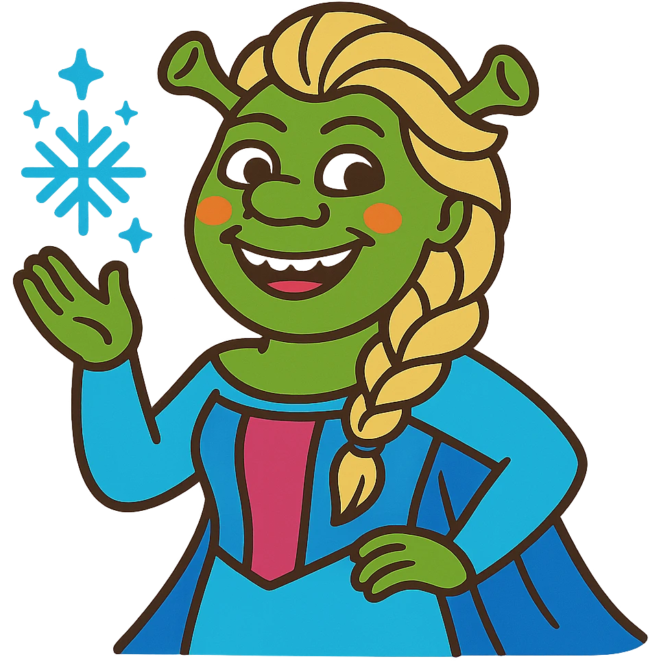 Elsa and Shrek hybrid, magical and humorous, vibrant colors emoji
