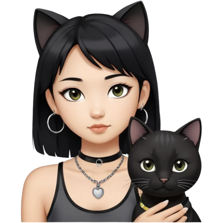 Asian girl, black hair with grey highlights , slightly longer than shoulder.  Holding two BLACK cats. one cat has a round fat face, the other one has a slightly slimmer face. Both pure black.  The girl also wearing a black singlet, a black chocker, silver round hook earring, and wearing eyeliner.  emoji