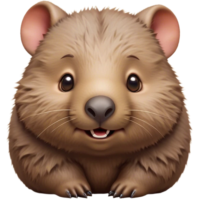 Cinematic Cute Wombat Portrait Emoji, Head tilted playfully and inquisitively, featuring a fluffy, shaggy brown fur with a round, endearing face and twinkling eyes full of gentle curiosity, Simplified yet irresistibly adorable features, highly detailed, glowing with a warm, friendly glow, high shine, affectionate and chubby, stylized with a touch of bushland whimsy, bright and endearing, soft glowing outline, capturing the essence of a mischievous yet loving wombat, so playful it feels like it could trundle out of the screen into your arms! emoji