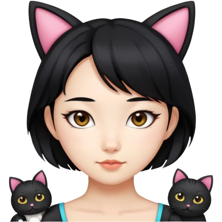 Asian girl sort black hair with cat ears emoji