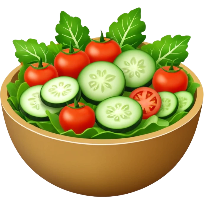 Salads avatar in clean emoji-style illustration. Fresh salad bowl with greens, tomatoes, cucumber, bright green tones, simple shapes, flat design, high contrast, light and healthy. emoji