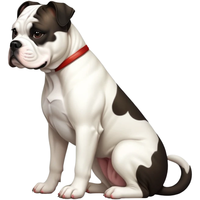 cinematic-[american bulldog]-realistic-full-body-sitting-emoji,-tail-resting-loosely-beside-its-paws,-head-tilted-dramatically,-sleek-[pied black]-fur,-simplified-yet-realistic-focused-features,-highly-detailed,-glowing-with-an-almost-sarcastic-glow emoji