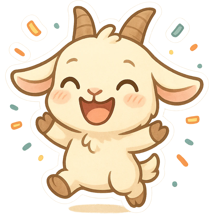 chibi goat, joyful, smiling widely, confetti around, simple background emoji