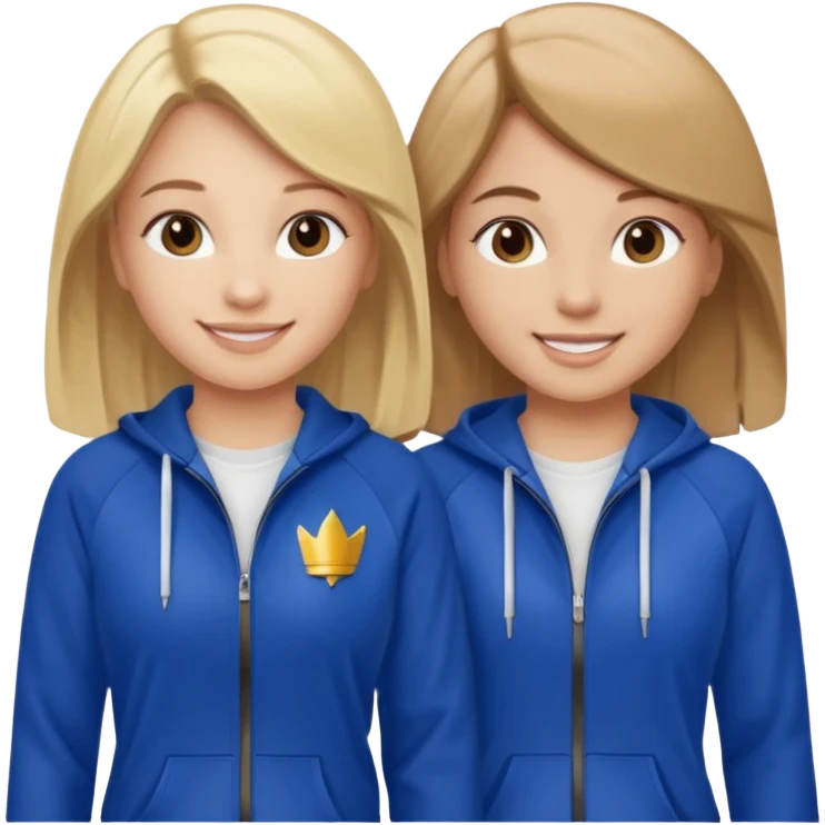 two girls smiling one has blond hair and one is has brown hair they are wearing royal blue track suits emoji