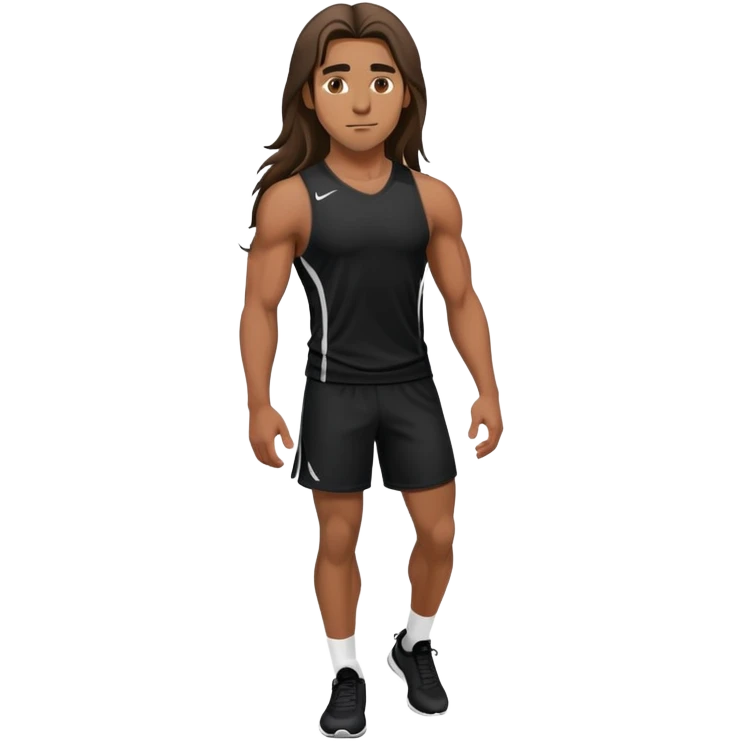 Athletic-looking guy in black sports clothes, long hair. emoji