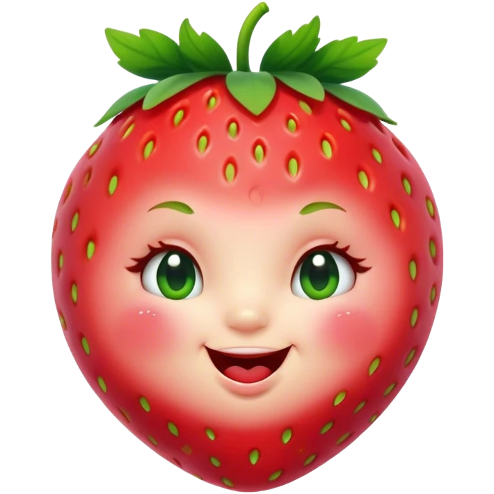 Cinematic plump happy strawberry, glossy bright red, tiny round eyes and blushing cheeks, green leafy top slightly tilted, cheerful and charming. emoji