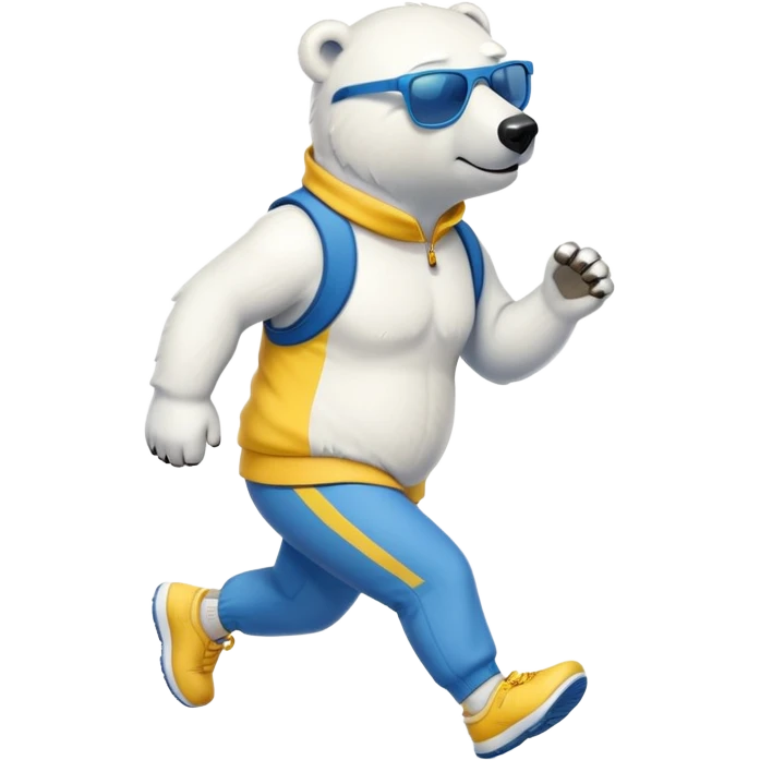 friendly anthropomorphised polar bear jogging upright, wearing blue and yellow athletic outfit and dark sunglasses emoji