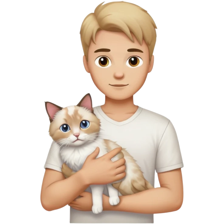 A young Caucasian man in a white shirt holding a ragdoll cat emoji