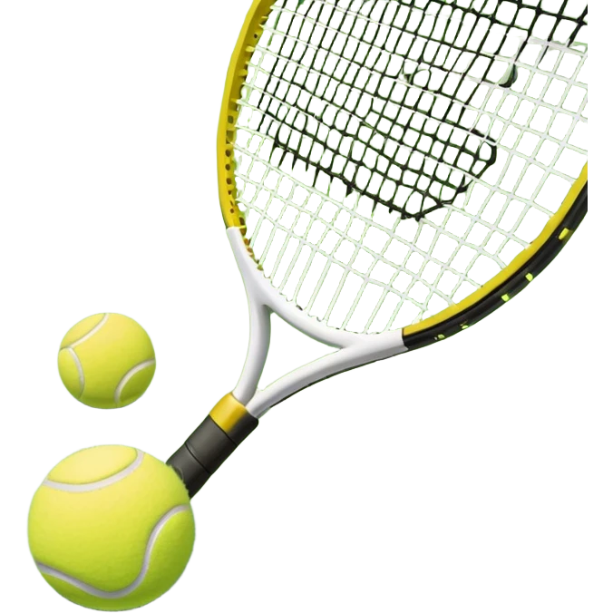 A tennis racket and a ball placed on the ground, with a tennis court in the background. The court lines and net are visible, emphasizing the structure and focus of the sport, creating a dynamic and energetic vibe. emoji