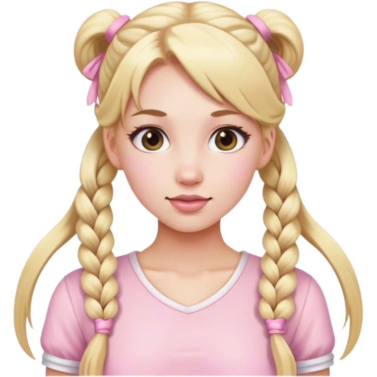 Beautiful woman with long blonde pigtails wearing light pink emoji