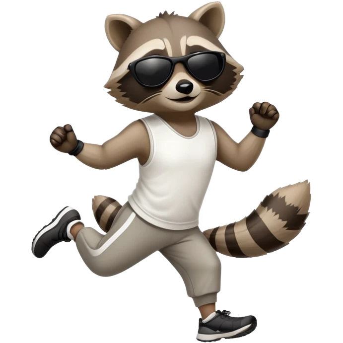 friendly anthropomorphised raccoon in sports wear, wearing dark sunglasses, jogging upright, mafia style emoji