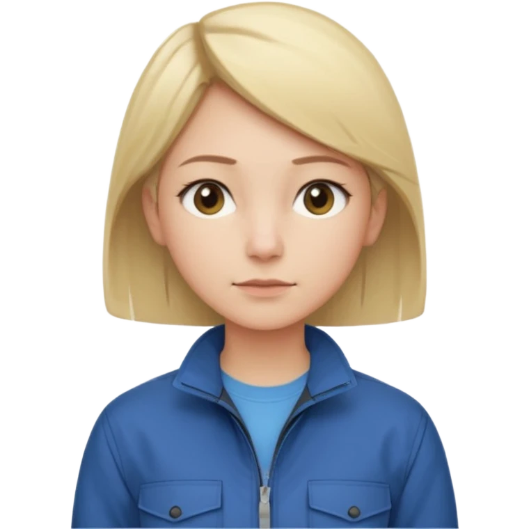 Calm and independent female engineer, fair skin, short straight blonde hair tucked behind the ears, neutral but focused expression, wearing a fitted blue utility jacket over a black crew-neck top, waist-up, front-facing emoji