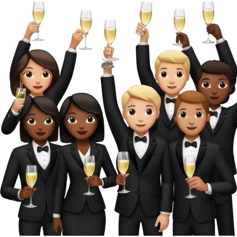 Un equipo cin trajes negros, personas blancos y negros de ventas celebrando un logro con un brindis. El fondo negro totalmente  emoji