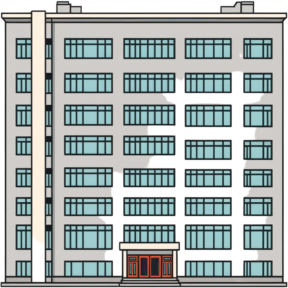 Soviet-era panel apartment building with rows of identical windows, gray concrete facade, flat roof, typical Russian multi-story residential building emoji