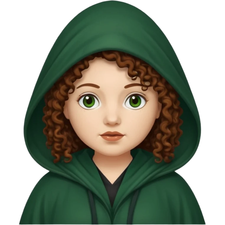 A white woman with a chubby face, with long dark auburn hair, cloaked and hooded like she's a Traitor in the tv show 'The Traitors'. her hair is frizzy curly, not with defined curls, and the robe is a very dark green/almost black color emoji