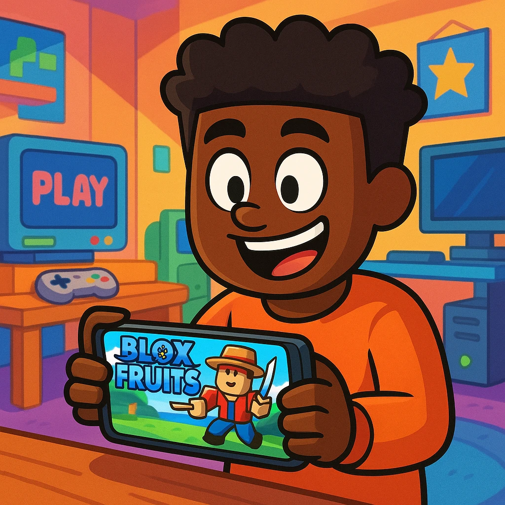 Cancer playing Blox Fruits on phone, Roblox style, black character emoji