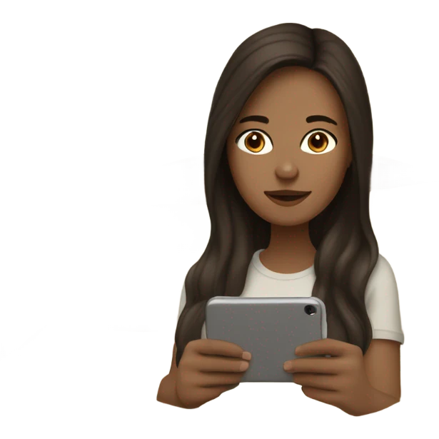 white girl with long dark brown hair in a bed with beige comforter on her phone emoji