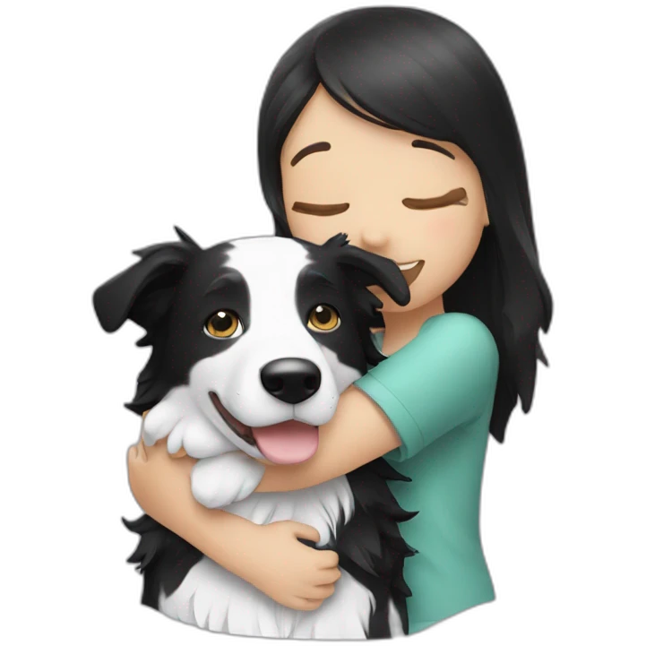 A girl hugging a adult black and white border collie emoji