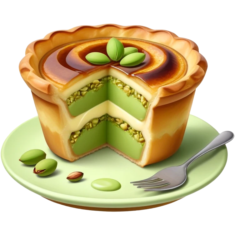 pistachio on a pastel de nata, cutted in half and green paste inside emoji