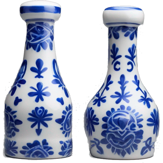 The Clase Azul Tequila bottle is tall and hourglass-shaped, with a wide base that tapers towards the neck. Its white ceramic body is decorated with cobalt blue floral designs, and it’s topped with a complete gray, bell-shaped stopper that curves inward  emoji