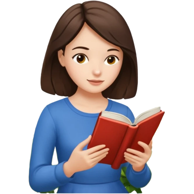 Jane Austen inspired brunette character reading a book outdoors, in a garden emoji