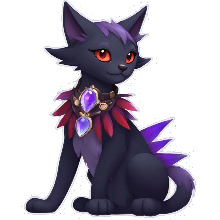 cool cartoon anthro edgy distinguished ethereal elegant beautiful fantasy black purple red ethereal fantasy nargacuga-Noivern-cat-Quiana-Fakemon collar harness moon gem jewels full body emoji