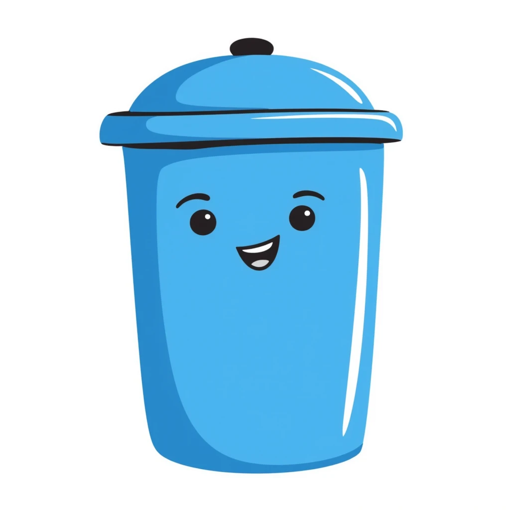 hand-drawn blue bin with a smile, waving emoji