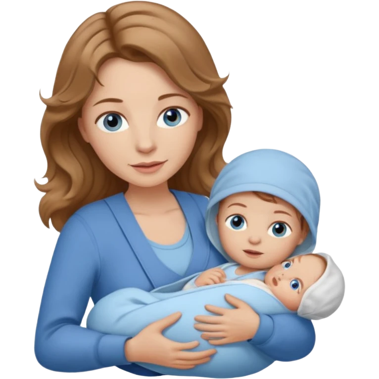 Caucasians light brown wavy haired woman with brown skinned newborn in carrier. Mom has blue eyes and just one baby emoji