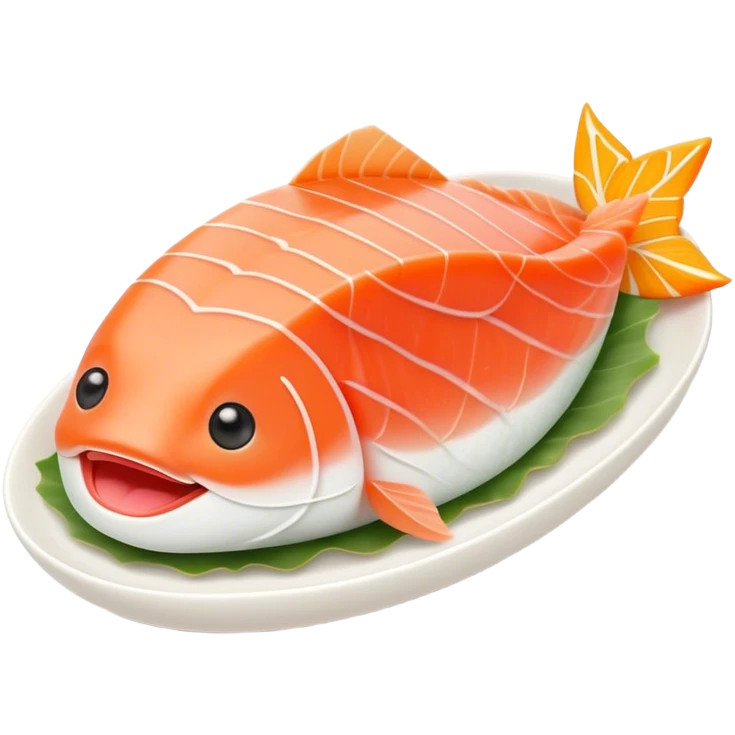 Cute Kawaii Sashimi Slice, delicate and fresh, bright orange salmon with soft pastel textures, an adorable happy face, tiny chopsticks lifting it, gentle glowing highlights! emoji