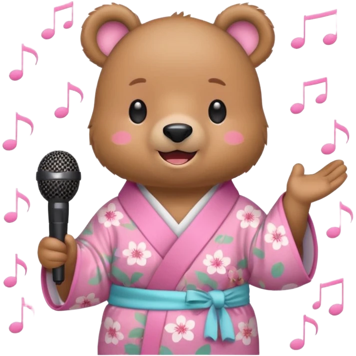 A cute light-brown bear wearing a pastel pink sakura-patterned kimono, normal balanced body ratio.  
Holding a microphone and singing happily, music notes floating around and a bright joyful smile.  
Kawaii emoji style, minimalistic clean sticker illustration, white background. emoji