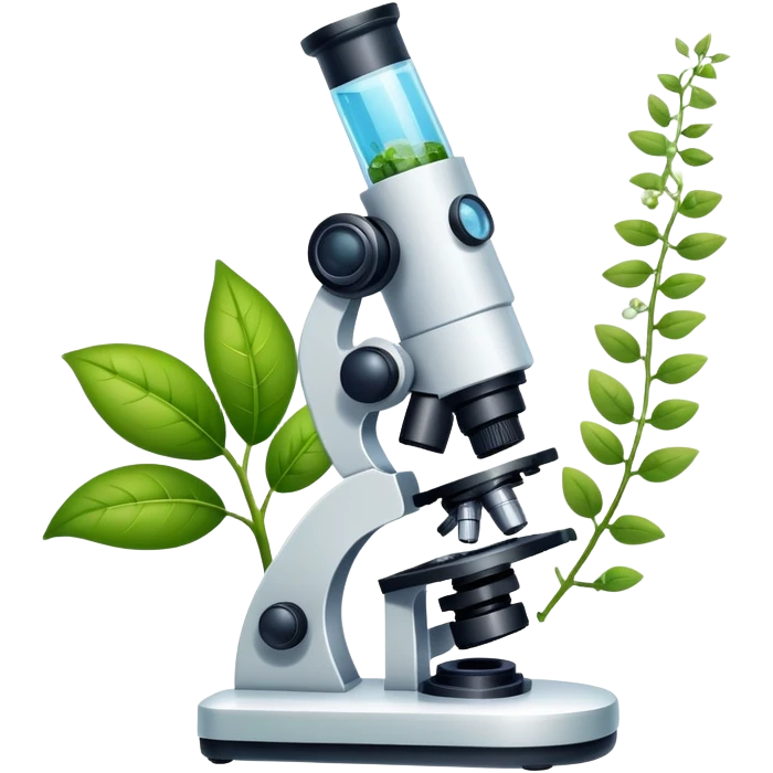 An icon featuring a microscope, a DNA strand, and plant leaves, symbolizing biology. The design includes cells, a test tube with a plant sample, representing life sciences, ecosystems, and the study of organisms. Transparent background highlights the exploration of living systems. emoji