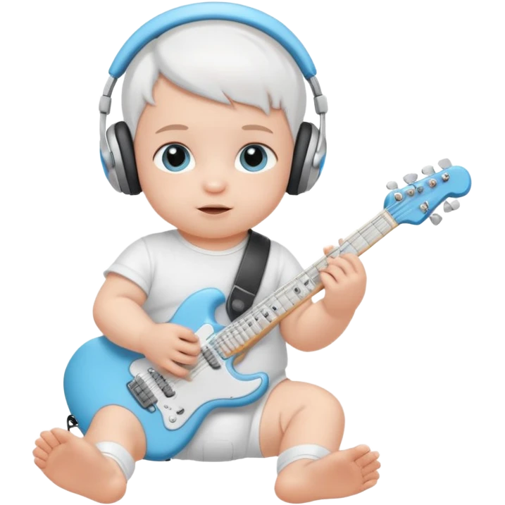a cute baby in a white diaper and air pod max silver headphones playing a baby blue electric guitar emoji