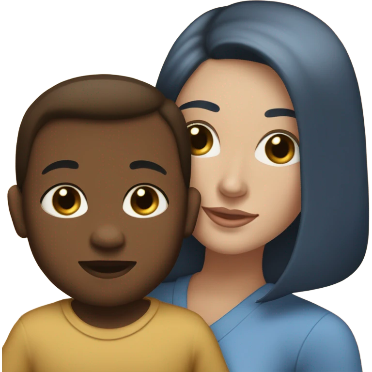 white woman, with straight long mid hair, dark brown hair, blue eyes, round face, uni-lips. holding her baby boy, one year old, brown skin, bit of hair straight brown smiling emoji