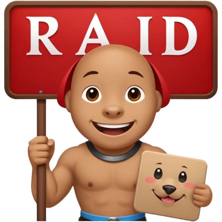 smiling pit holding a sign that reads the word "raid" in big red font emoji