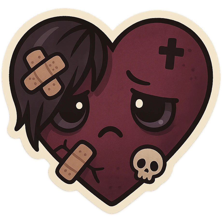 emo heart, bandaged, dark colors, subtle skull or cross motif, emotional expression, chibi style emoji