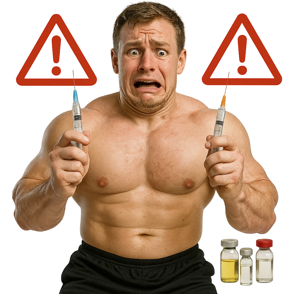beginner bodybuilder with swollen but undefined muscles holding two different syringes, scared expression, open anabolic steroid vials, red danger symbols in background, realistic details, isolated on white background emoji