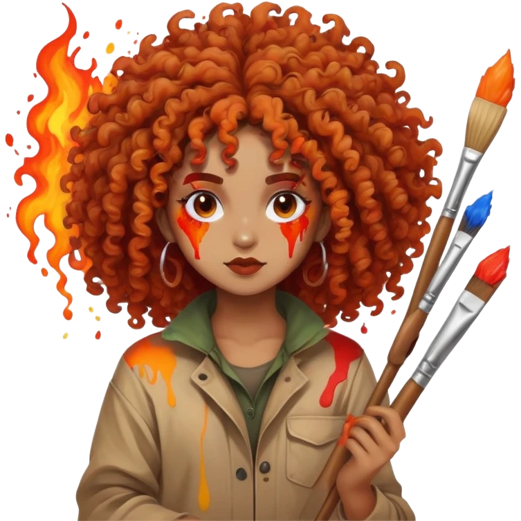 Artistic character with crazy wild hair, creative chaotic vibes, holding paint brushes and surrounded by intense fiery artwork emoji
