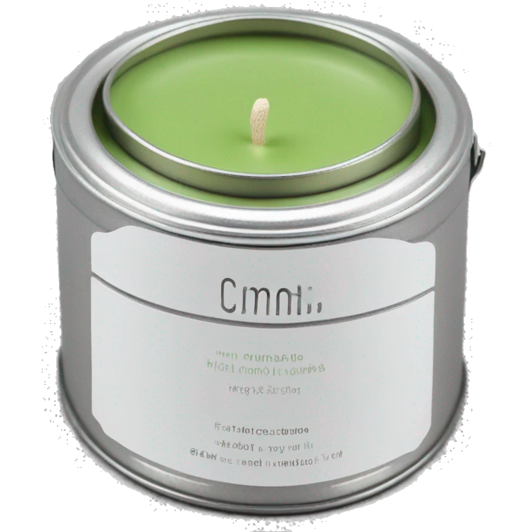matcha scented candle in a silver tin with a small white label realistic emoji