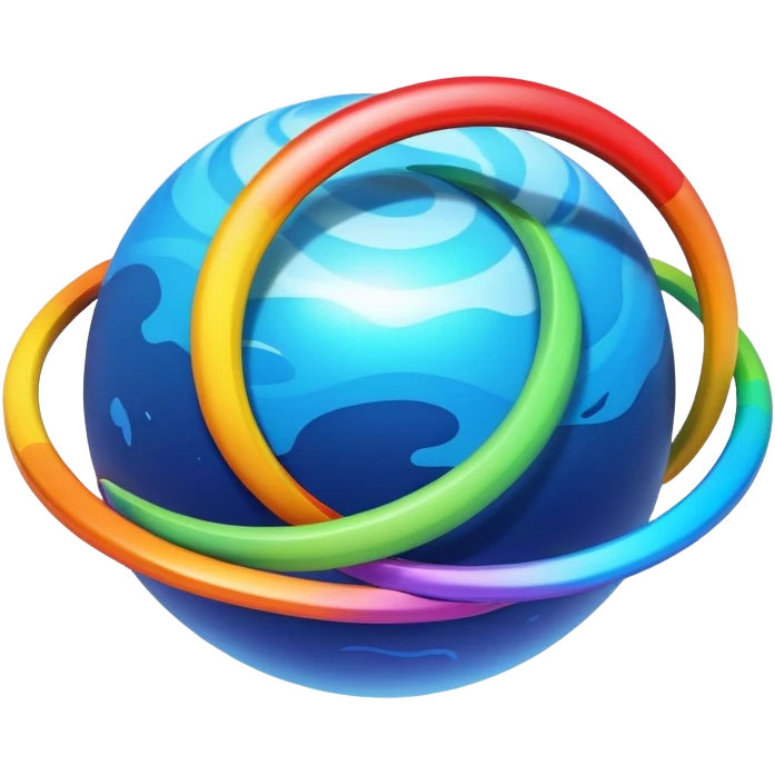 blue planet with vibrant rainbow colored rings circling around it emoji