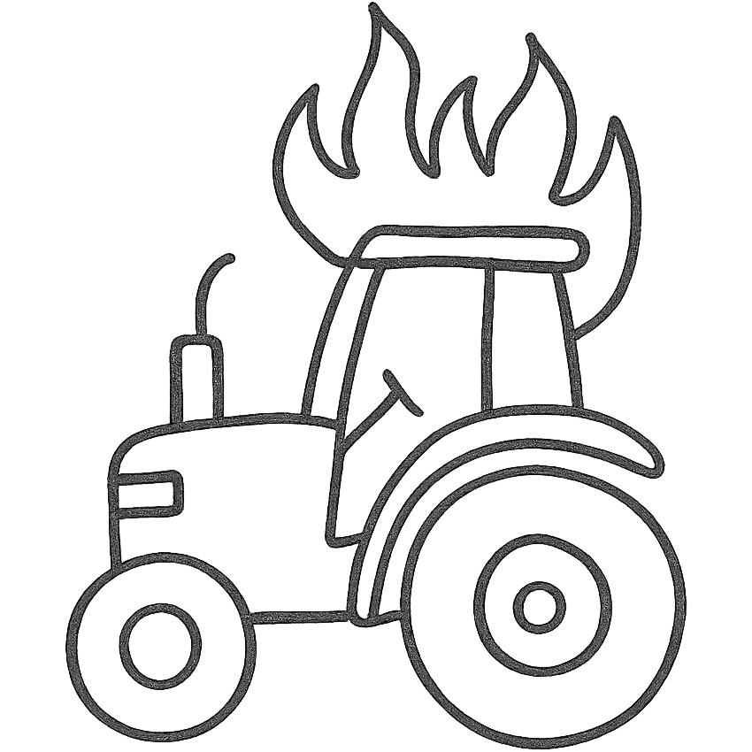 A tractor on fire, icon style, black and white, outlined, hand drawn emoji