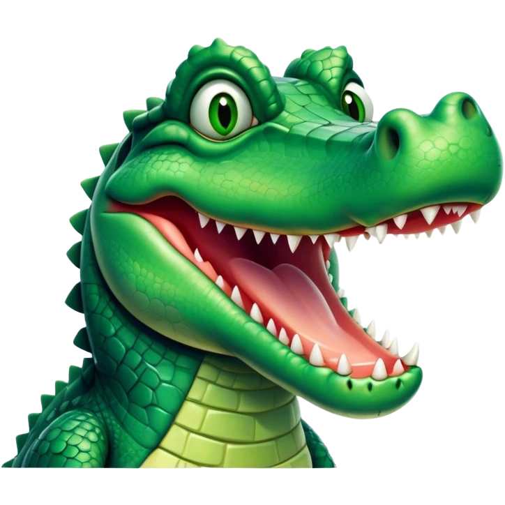 Cinematic Comical Crocodile Portrait Emoji, Head tilted dramatically with an exaggeratedly amused expression, featuring a striking, glossy emerald-green hide with bold textured scales and wide, expressive eyes filled with playful disbelief, Simplified yet hilariously expressive features, highly detailed, glowing with a slightly sassy glow, high shine, dramatic yet playful, stylized with an air of cheeky mischief, bright and endearing, soft glowing outline, capturing the essence of a spirited and over-the-top crocodile, so meme-worthy it feels like it could snap its jaws into internet fame instantly! emoji