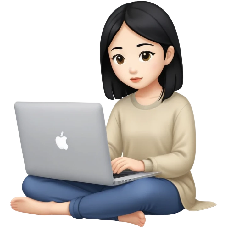 Asian girl with black hair sitting and watching a MacBook laptop emoji