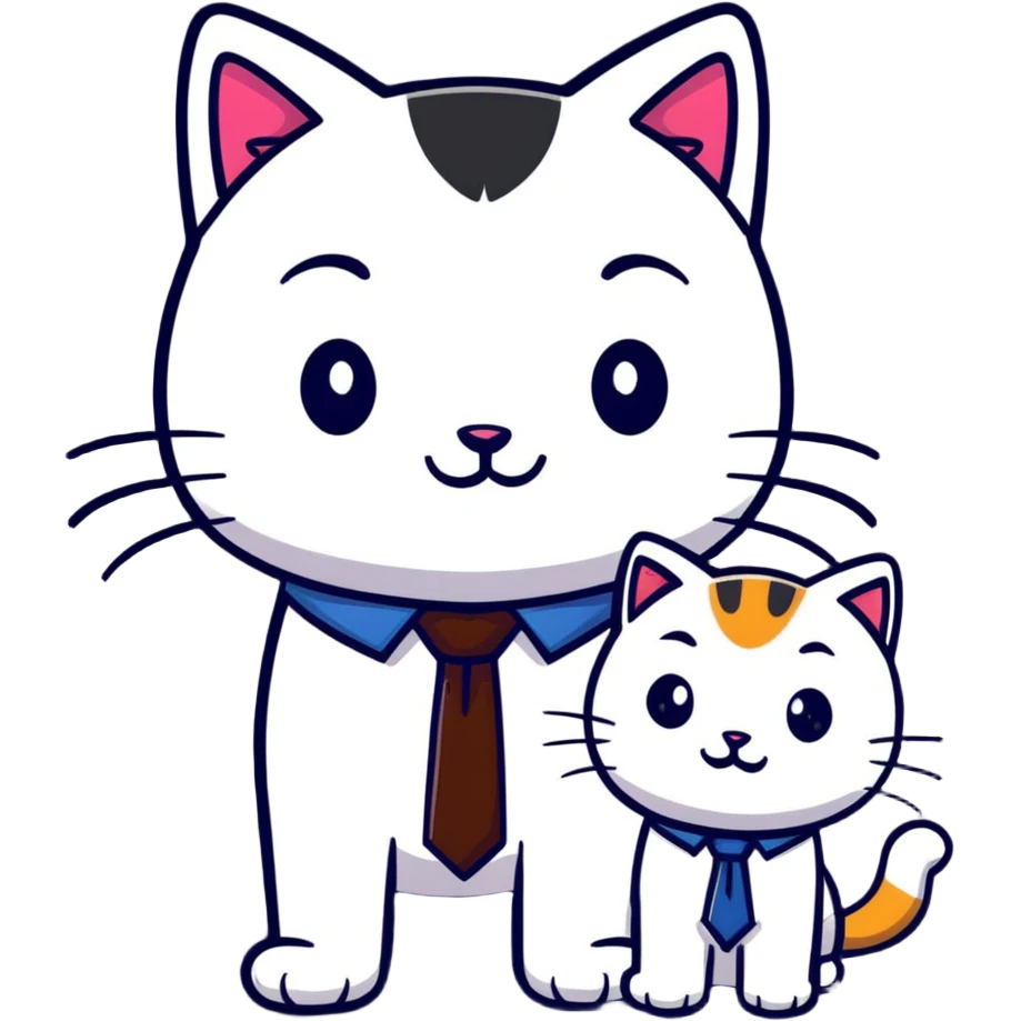 happy girl cat with eyelashes wearing a cute necktie, and happy boy cat wearing a professional necktie, standing together emoji