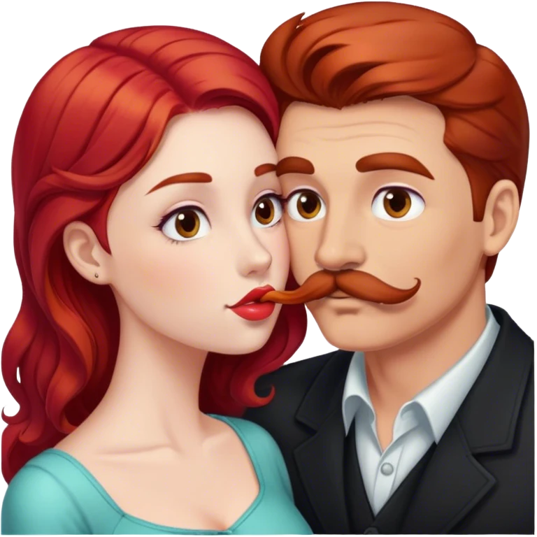 A man with a mustache and brown hair is kissing a girl with red hair emoji
