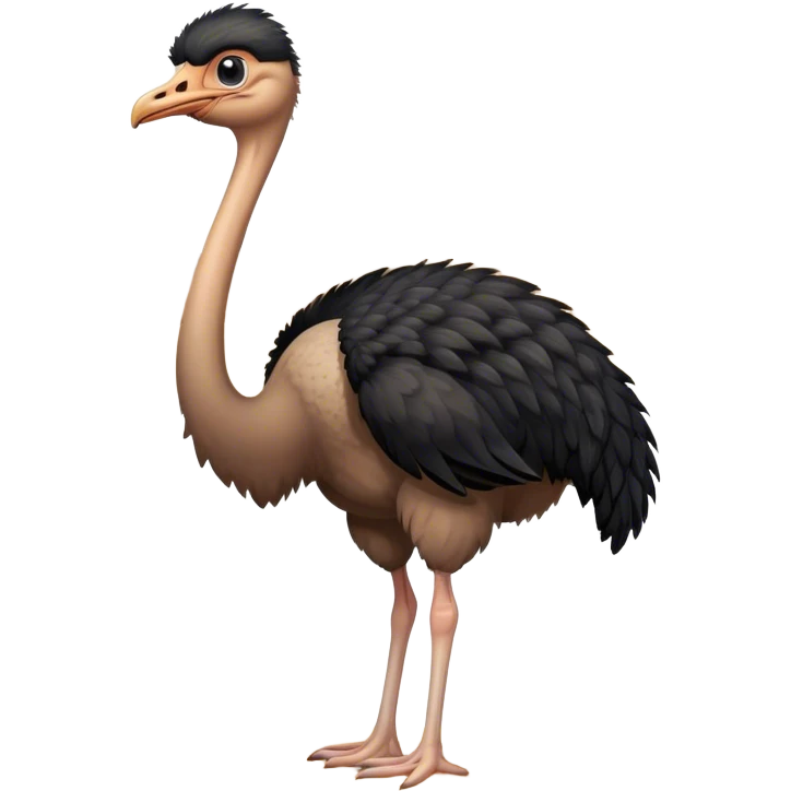 An adult ostrich standing in the desert, with black feathers. beak open. emoji