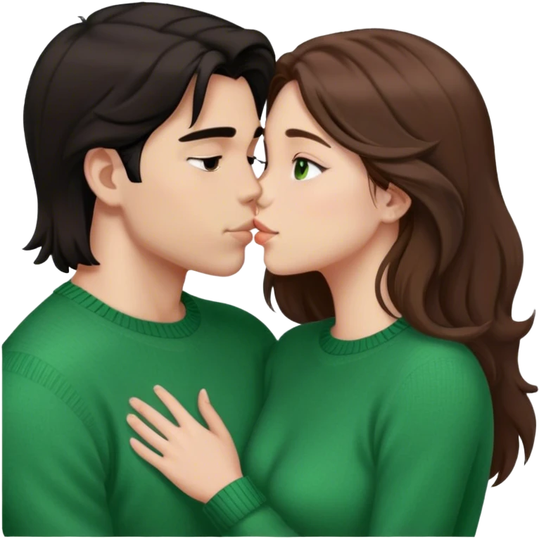 Young guy with black slightly long hair kissing a young woman with brown hair and green sweater emoji