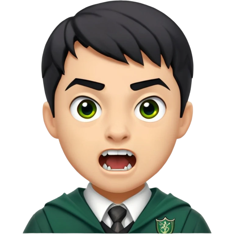 Jamie Yeates is Marcus Flint in harry potter, wear hogwarts slytherin uniform, short black hair, bulky face, often grimacing and showing buck teeth growl menacingly emoji