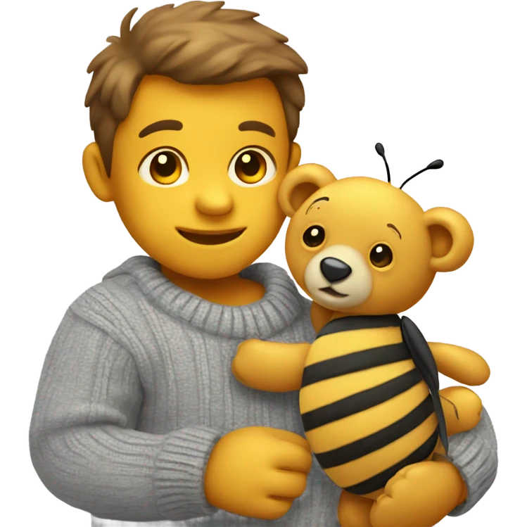 Teddy bear wearing grey sweater playing with a bee  emoji