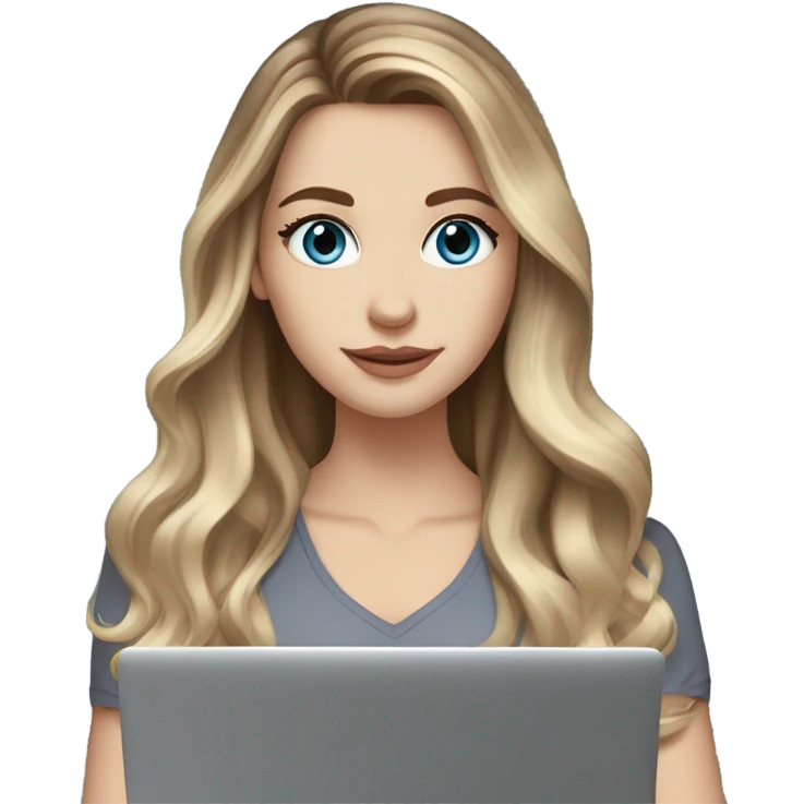 White girl blue eyes with long voluminous brown hair with blonde highlights balayage holding a laptop 
 emoji